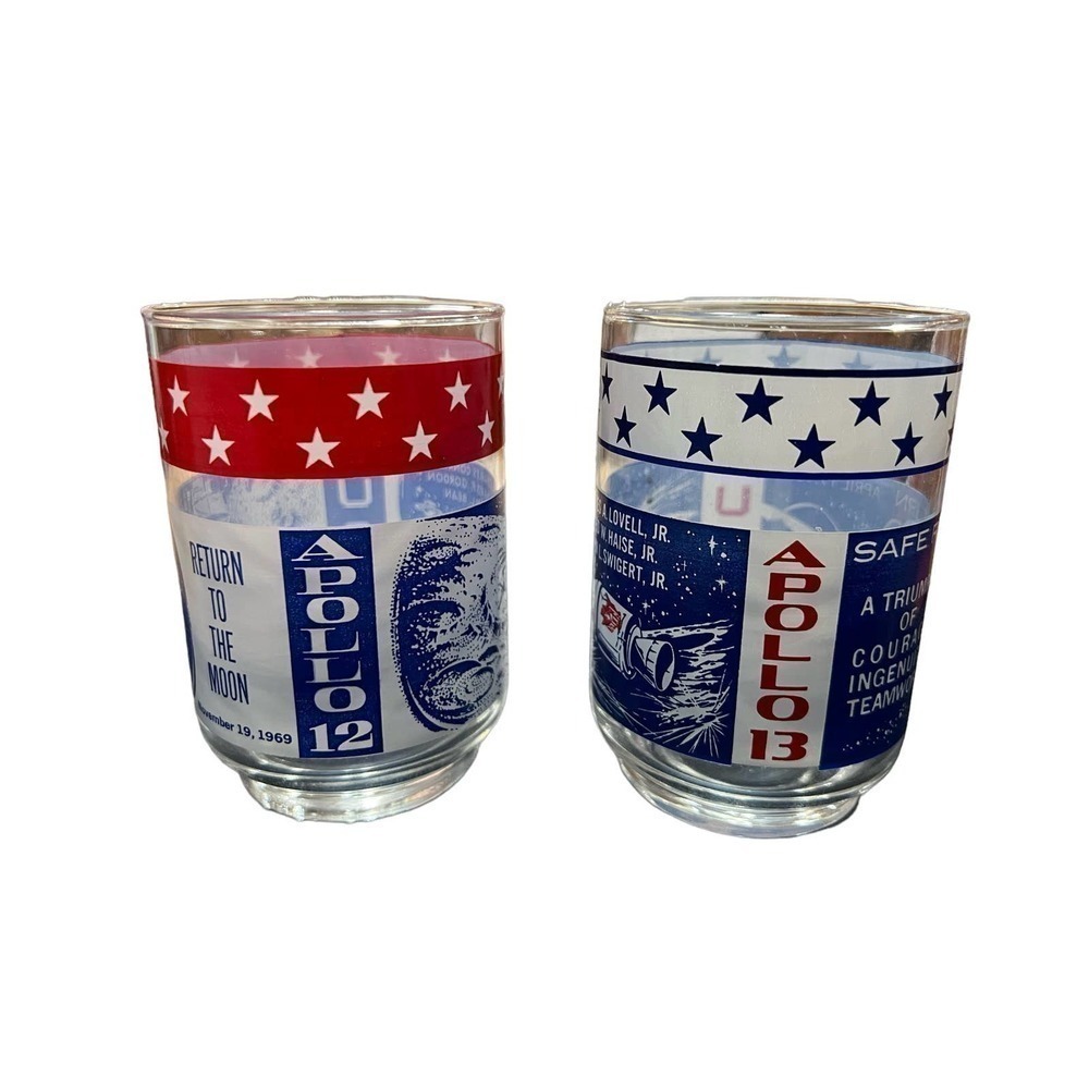 Vintage NASA Libbey Commemorative Glasses, Apollo 12 and 13, 10 Oz